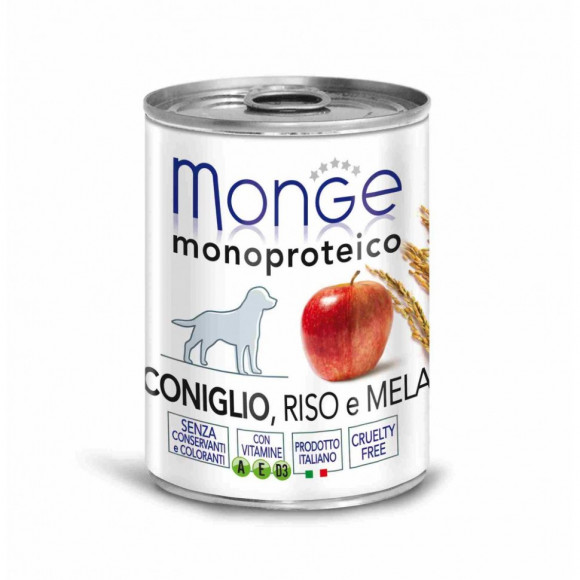 Консервы Monge Dog Monoprotein Fruits для собак паштет из кролика с рисом и яблоками 400гр