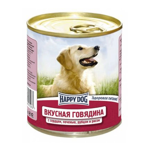 Консервы Happy Dog для собак  Вкусная Говядина сердце,печень,рубец,рис 750гр