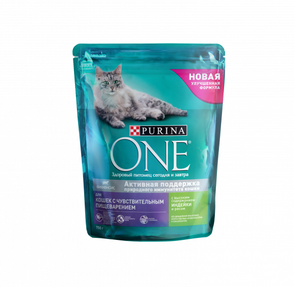 Корм Purina ONE для кошек с чувствительным пищеварением с индейкой и рисом, 750 г