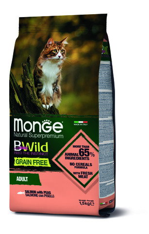 Корм Monge BWild Cat Grain Free беззерновой для кошек, лосось и горох 1,5кг
