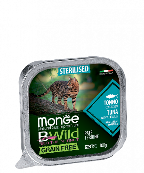 Консервы Monge Cat BWild GRAIN FREE из тунца с овощами для стерилизованных кошек 100г