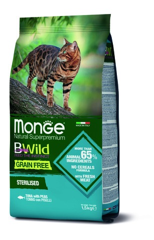 Корм Monge Cat BWild Grain Free беззерновой для стерилизованных кошек, тунец и горох 1,5кг