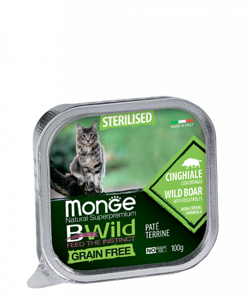 Консервы Monge Cat BWild GRAIN FREE из кабана с овощами для стерилизованных кошек 100г
