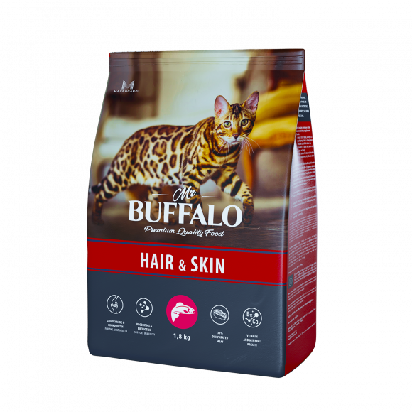 Корм Mr.Buffalo ADULT HAIR & SKIN для кошек с чувствительной кожей, лосось, 1.8кг
