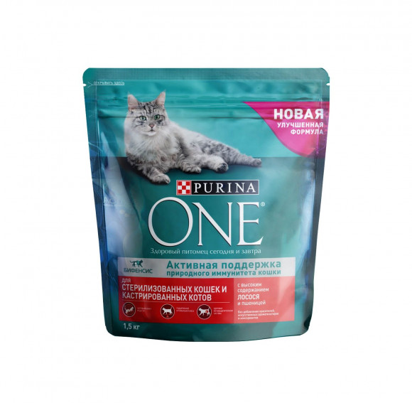 Корм Purina ONE для стерилизованных кошек и котов с лососем и пшеницей, 1,5 кг