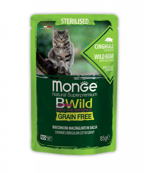 Влажный корм Monge Cat BWild GRAIN FREE из дикого кабана с овощами для стерилизованных кошек 85г