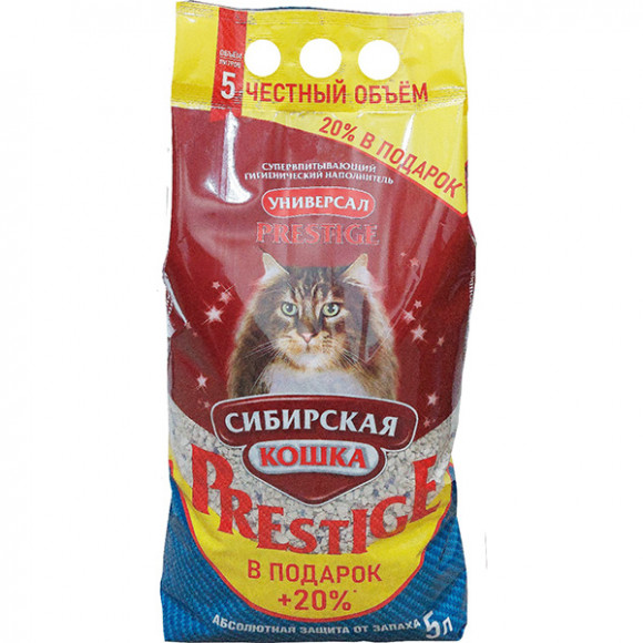 Наполнитель Сибирская Кошка УНИВЕРСАЛ PRESTIGE комкующийся 5л + 20% в подарок!