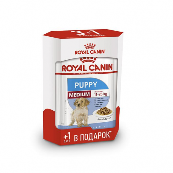 АКЦИЯ! Влажный корм Royal Canin для щенков средних пород Medium Puppy 3*140гр + 1*140гр в подарок!+