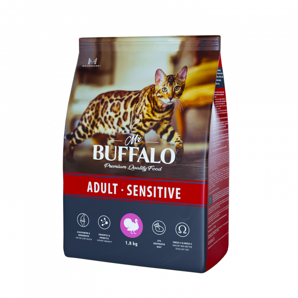 Корм Mr.Buffalo ADULT SENSITIVE для кошек с чувствительным пищеварением, индейка, 1,8кг