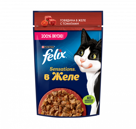 Влажный корм Felix Sensations для взрослых кошек, с говядиной в желе с томатами 75г