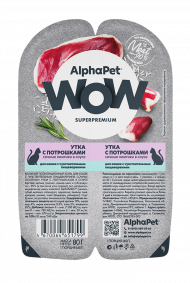 Влажный корм AlphaPet WOW Superpremium для для кошек с чувствительным пищеварением «Утка с потрошками сочные ломтики в соусе» 80 г Влажный корм AlphaPet WOW Superpremium для для кошек с чувствительным пищеварением «Утка с потрошками сочные ломтики в соусе» 80 г