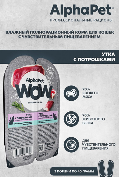 Влажный корм AlphaPet WOW Superpremium для для кошек с чувствительным пищеварением «Утка с потрошками сочные ломтики в соусе» 80 г