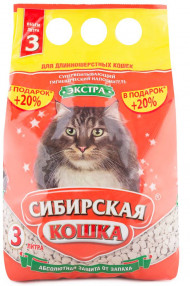 Наполнитель Сибирская Кошка Экстра для длинношерстных 3л + 20% в подарок!
