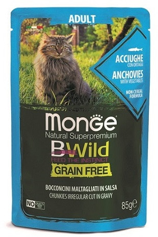 Влажный корм Monge Cat BWild GRAIN FREE из анчоусов с овощами для взрослых кошек 85г