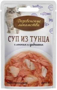 Деревенские Лакомства для кошек СУП из тунца с лососем и гребешком, 35г