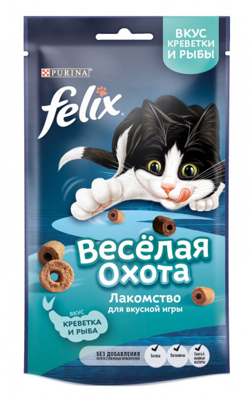 Лакомство Felix Весёлая охота для кошек, со вкусом креветки и рыбы, пауч, 50 г