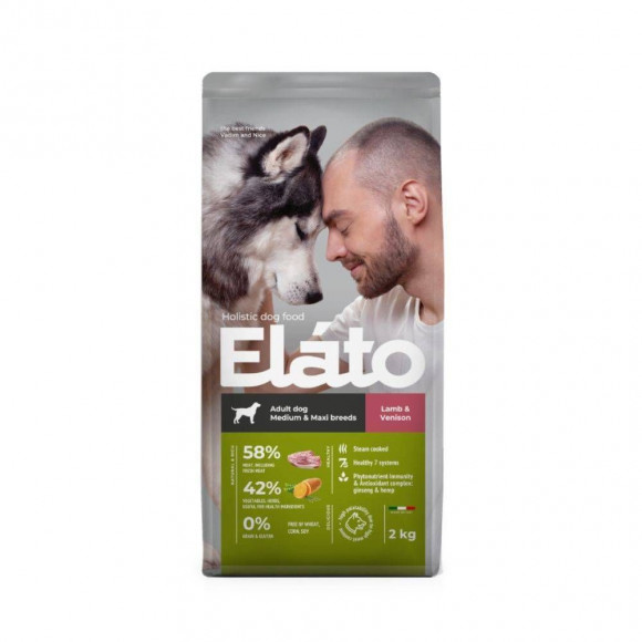 Корм Elato Holistic для взрослых собак средних и крупных пород с ягненком и олениной, 2кг