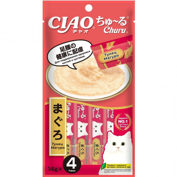 Лакомство для кошек INABA Ciao Churu Пюре Тунец Магуро, для здоровья суставов, 4*14г Лакомство для кошек INABA Ciao Churu Пюре Тунец Магуро, для здоровья суставов, 4*14г