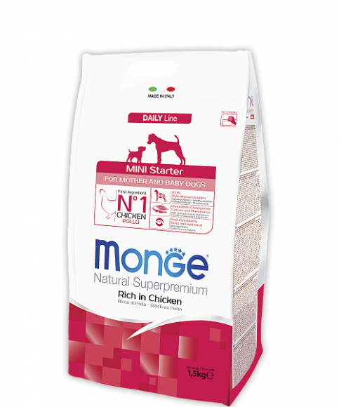 Корм Monge Mini Starter for Mother and baby для щенков мелких пород (с 2-х недель), беременных и кормящих собак 1,5кг