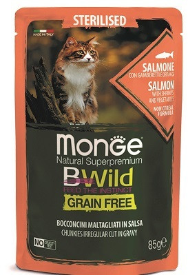 Влажный корм Monge Cat BWild GRAIN FREE из лосося с креветками и овощами для стерилизованных кошек 85г