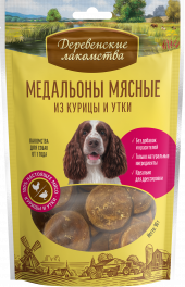 Деревенские лакомства для собак Нежные медальоны из курицы и утки, 90г Деревенские лакомства для собак Нежные медальоны из курицы и утки, 90г