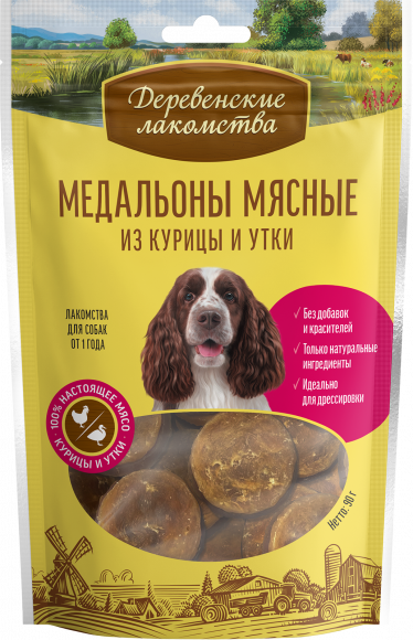 Деревенские лакомства для собак Нежные медальоны из курицы и утки, 90г