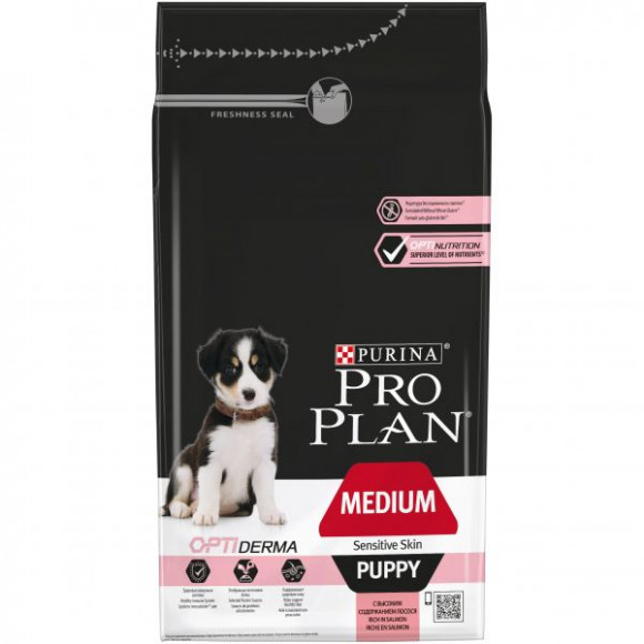 Корм Purina Pro Plan для щенков средних пород с чувствительной кожей, лосось с рисом, 1,5кг