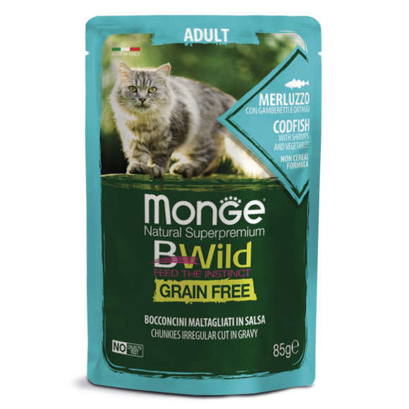 Влажный корм Monge Cat BWild GRAIN FREE из трески с креветками и овощами для взрослых кошек 85г
