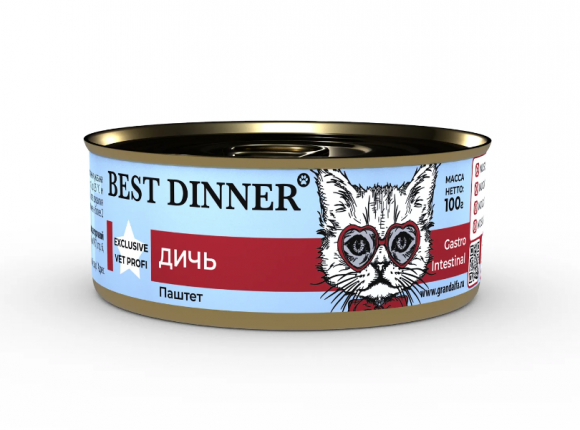 Ветеринарный влажный корм BEST DINNER EXCLUSIVE VET PROFI GASTRO INTESTINAL для кошек с чувствительным пищеварением (ДИЧЬ), 100 г.
