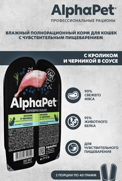 Влажный корм AlphaPet Superpremium для для кошек с чувствительным пищеварением «Кролик и черника мясные кусочки в соусе» 80 г Влажный корм AlphaPet Superpremium для для кошек с чувствительным пищеварением «Кролик и черника мясные кусочки в соусе» 80 г