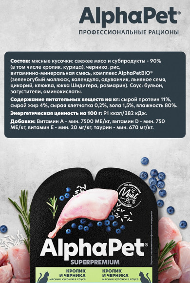 Влажный корм AlphaPet Superpremium для для кошек с чувствительным пищеварением «Кролик и черника мясные кусочки в соусе» 80 г Влажный корм AlphaPet Superpremium для для кошек с чувствительным пищеварением «Кролик и черника мясные кусочки в соусе» 80 г