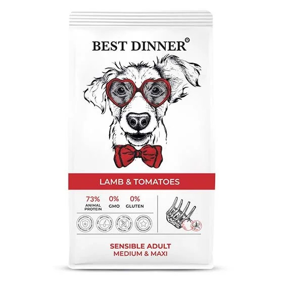Корм BEST DINNER Adult Sensible Medium & Maxi для собак средних и крупных пород склонных к проблемам с пищеварением (ЯГНЕНОК, ТОМАТЫ), 15 кг.