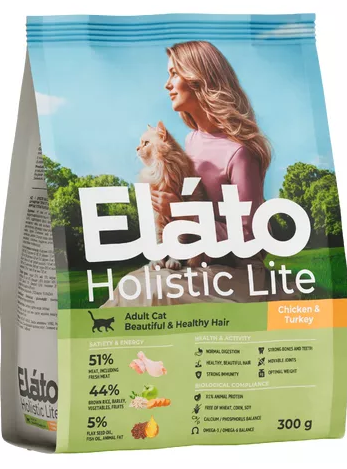 Корм Elato Holistic Lite для взрослых кошек КУРИЦА, ИНДЕЙКА для красивой и здоровой шерсти 300 г