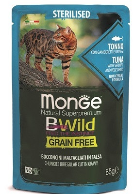 Влажный корм Monge Cat BWild GRAIN FREE из тунца с креветками и овощами для стерилизованных кошек 85г