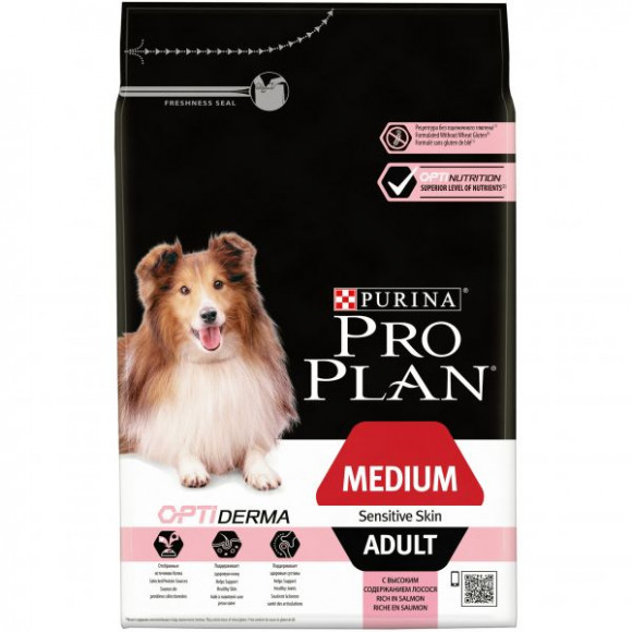 Корм Purina Pro Plan для взрослых собак средних пород с чувствительной кожей, лосось с рисом, 3 кг