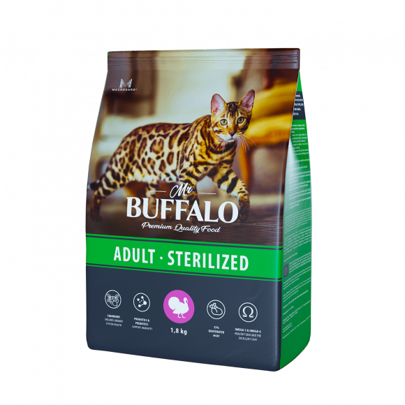 Корм Mr.Buffalo STERILIZED для стерилизованных кошек и кастрированных котов, индейка, 1,8кг