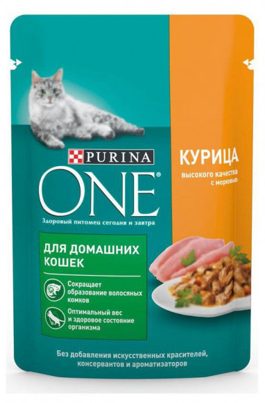 Влажный корм Purina ONE для домашних кошек, с курицей и морковью, Пауч, 75 г