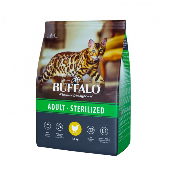 Корм Mr.Buffalo STERILIZED для стерилизованных кошек и кастрированных котов, курица, 1,8кг