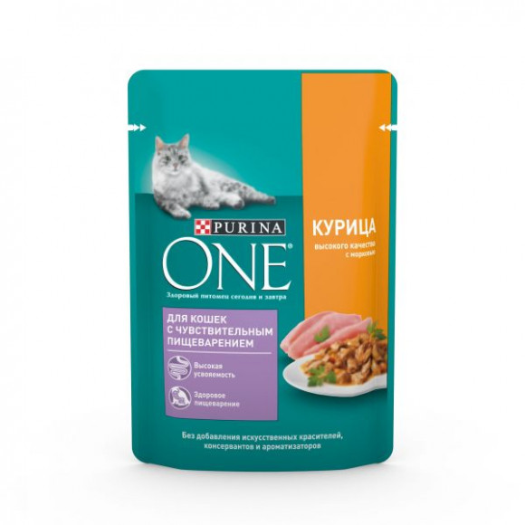 Влажный корм Purina ONE для кошек с чувствительным пищеварением, с курицей и морковью, Пауч, 75 г