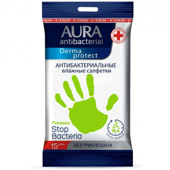 Влажные антибактериальные салфетки AURA Derma Protect, Лимон-Ромашка, 15шт