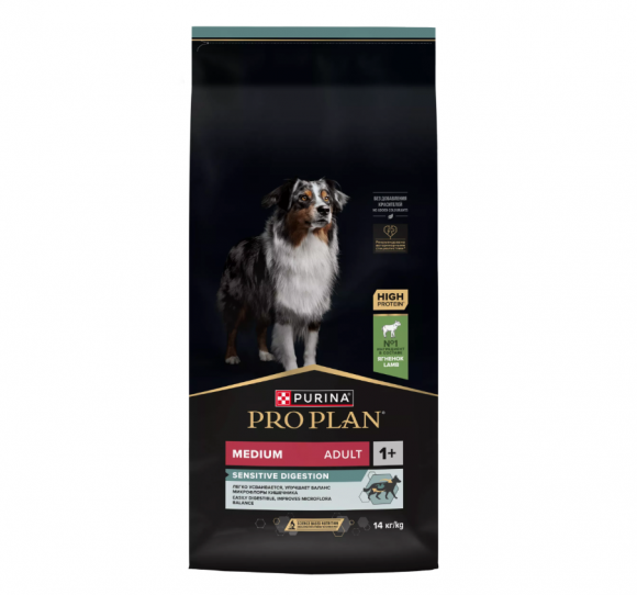 Корм Purina Pro Plan SENSITIVE DIGESTION для взрослых собак средних пород с чувствительным пищеварением с ягненком, 14 кг