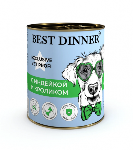 Ветеринарный влажный корм BEST DINNER EXCLUSIVE VET PROFI HYPOALLERGENIC для профилактики пищевой аллергии у взрослых собак и щенков (ИНДЕЙКА, КРОЛИК), 340 г