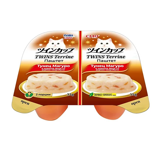 Влажный корм INABA Twins Terrine паштет для кошек с тунцом магуро и куриным филе со вкусом кацуобуси, (35 г * 2 шт)