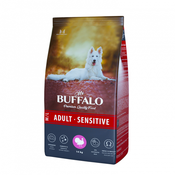 Корм Mr.Buffalo ADULT M/L SENSITIVE для взрослых собак средних и крупных пород с чувствительным пищеварением, индейка, 14кг