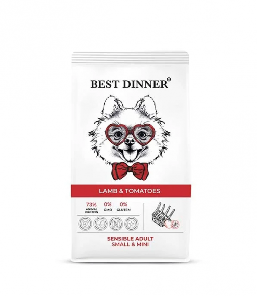 Корм BEST DINNER для собак мелких пород склонных к проблемам с пищеварением (ЯГНЕНОК, ТОМАТЫ), 1,5 кг.