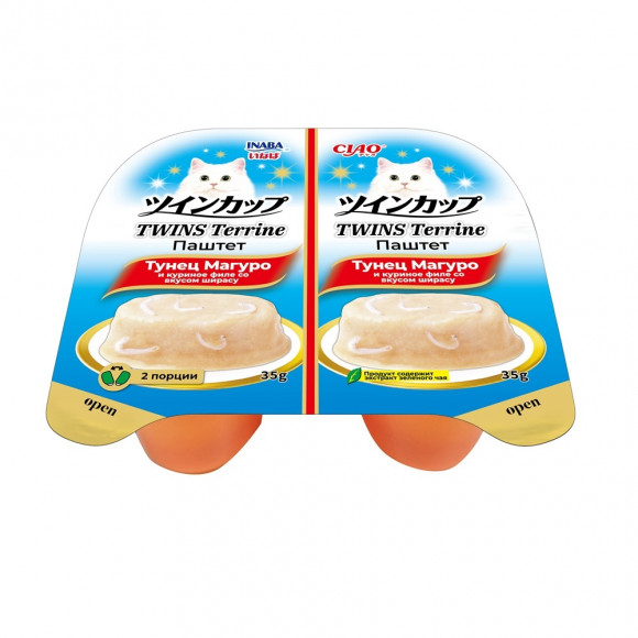 Влажный корм INABA Twins Terrine паштет для кошек с тунцом магуро и куриным филе со вкусом ширасу, (35 г * 2 шт) Влажный корм INABA Twins Terrine паштет для кошек с тунцом магуро и куриным филе со вкусом ширасу, (35 г * 2 шт)