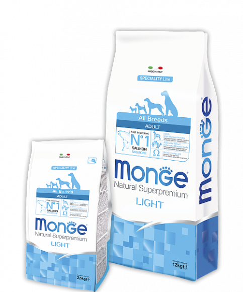 Корм Monge Speciality Line All Breeds Adult Light Salmone для взрослых собак всех пород низкокалорийный с лососем и рисом 2,5кг