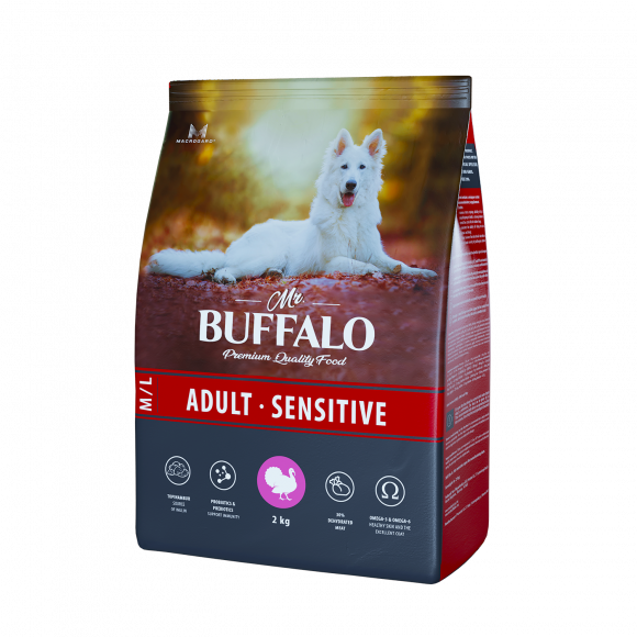 Корм Mr.Buffalo ADULT M/L SENSITIVE для взрослых собак средних и крупных пород с чувствительным пищеварением, индейка, 2кг