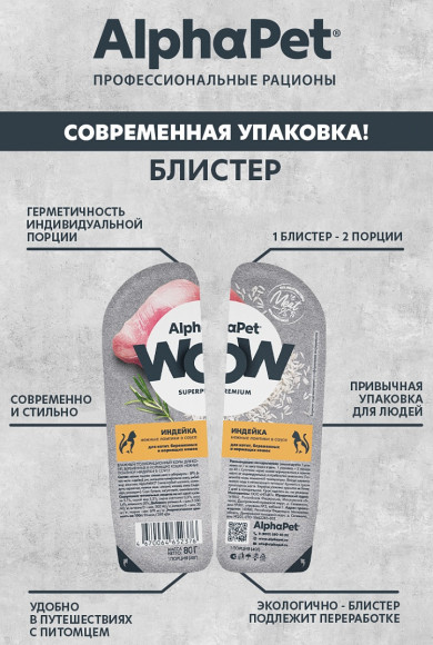 Влажный корм AlphaPet WOW для котят, беременных и кормящих кошек «Индейка нежные ломтики в соусе» 80 г