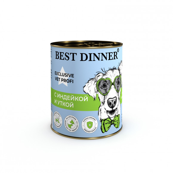 Ветеринарный влажный корм BEST DINNER EXCLUSIVE VET PROFI HYPOALLERGENIC для профилактики пищевой аллергии у взрослых собак и щенков (ИНДЕЙКА, УТКА), 340 г.